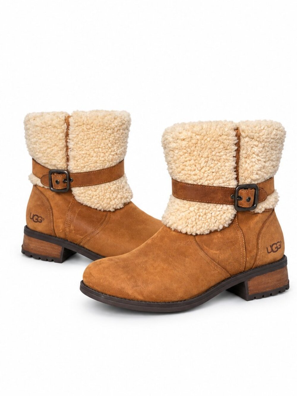 UGG Leather Shearling Boots Women 8.5 Brown Winter Cozy Fall Ankle Boots